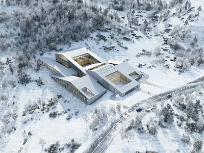 Snowy Winter Landscape With Snow Covered Forest Modern Building And Winding Road 3d model