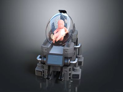 Cute Baby Sitting Inside Futuristic Gray Mechanical Structure With Transparent Dome 3d model
