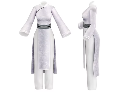 Elegant Light Purple Traditional Hanfu Outfit With Long Sleeves And Waist Belt 3d model