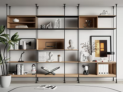 Modern Shelf Unit With Wooden And Metal Design Featuring Books Sculptures Plants And Decorative Ornaments 3d model