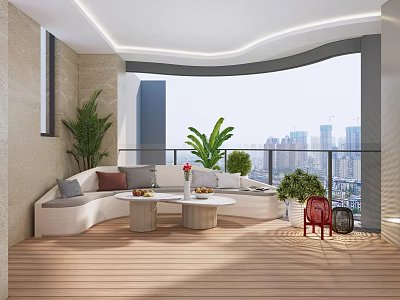 Cozy Home Balcony Design With Wooden Flooring Sofa Plants And City View 3d model