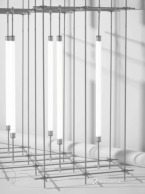 Modern Chandelier with Slim Silver Rods and White Elongated Lights Neatly Arranged with Shadows 3d model 