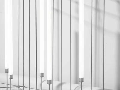 Modern Chandelier with Slim Silver Rods and White Elongated Lights Neatly Arranged with Shadows 3d model
