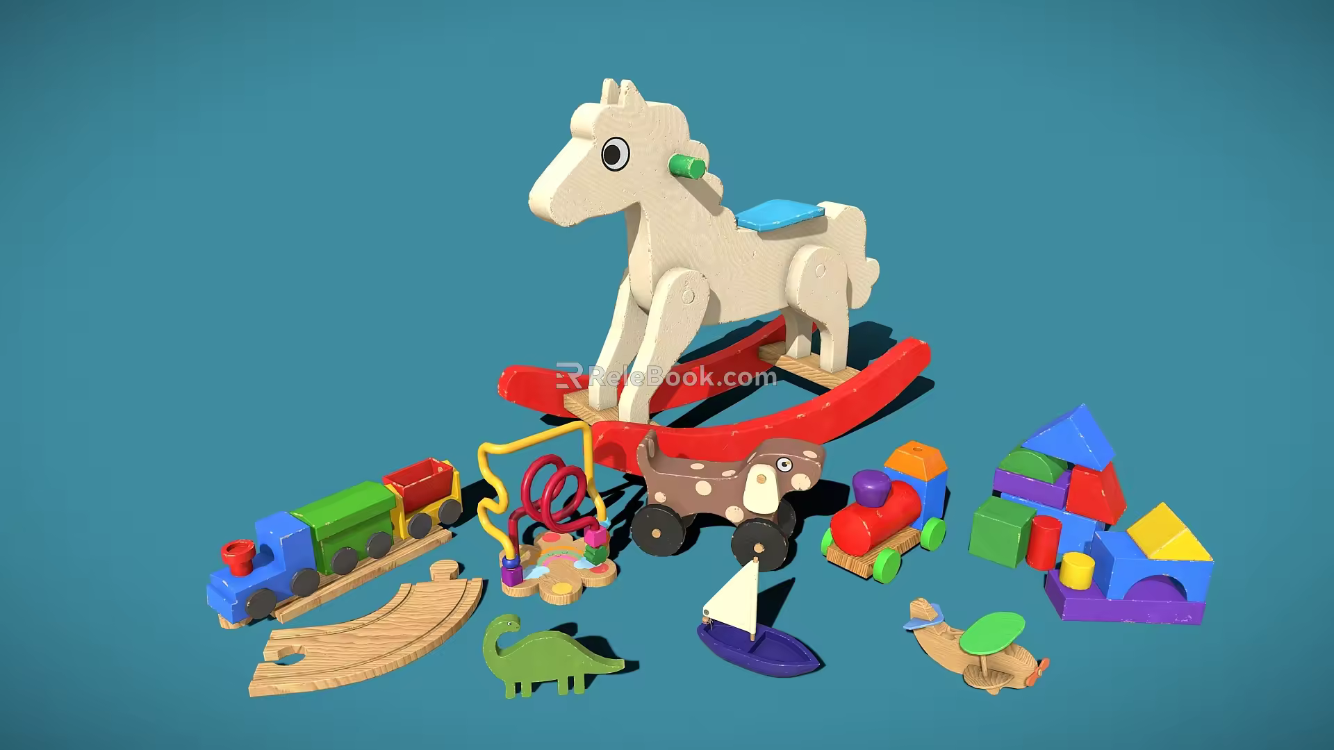 Trojan toy wooden train building blocks building blocks train building blocks boat rocking horse building blocks toy 3d model