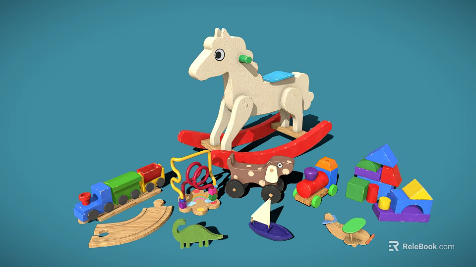 Wooden Building Blocks Set With Rocking Horse Train Car Dinosaur Boat And House Toys 3d model 