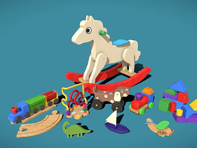 Wooden Building Blocks Set With Rocking Horse Train Car Dinosaur Boat And House Toys 3d model