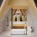 Bright Hotel Room With Triangular Wooden Roof Large Windows Comfortable Bed And Armchair