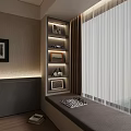 Cozy Interior With Shelves Decorative Items Picture Frames Window Bench Chessboard And Curtains