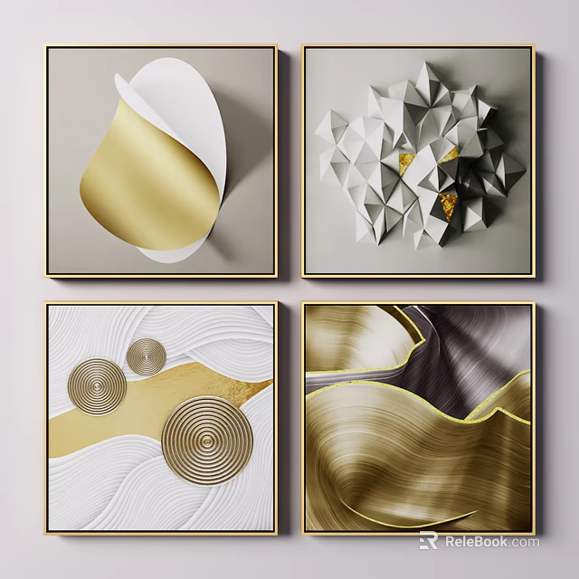 Modern Framed Abstract Wall Art With Geometric Patterns Gold And White Elements 3d model