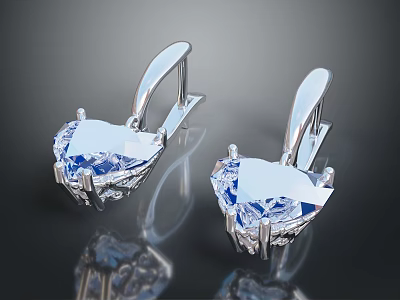 Sparkling Heart Shaped Diamond Earrings In Silver Settings With Brilliant Cut 3d model