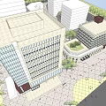 Modern Office Building Complex With Glass Curtain Wall Greenery And Street Vehicles