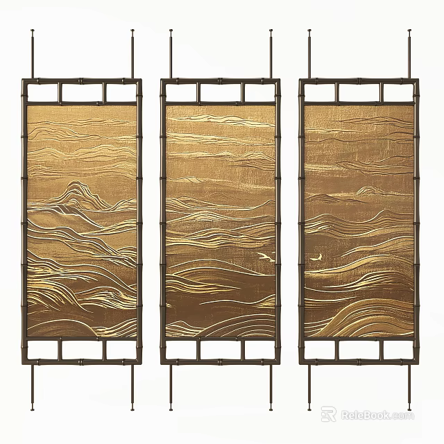 Chinese Style Three Panel Screen With Golden Wave Patterns And Wooden Frame 3d model