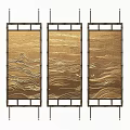 Chinese Style Three Panel Screen With Golden Wave Patterns And Wooden Frame 3d model