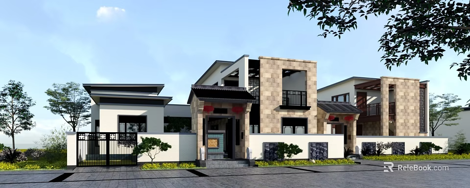 Chinese Style Detached Villa Exterior Design With Stone Walls Courtyard Gate And Red Decorations 3d model 