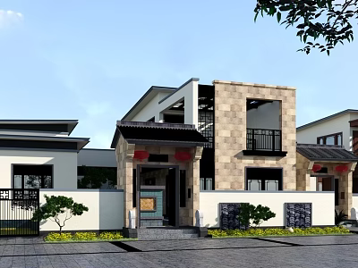 Chinese Style Detached Villa Exterior Design With Stone Walls Courtyard Gate And Red Decorations 3d model