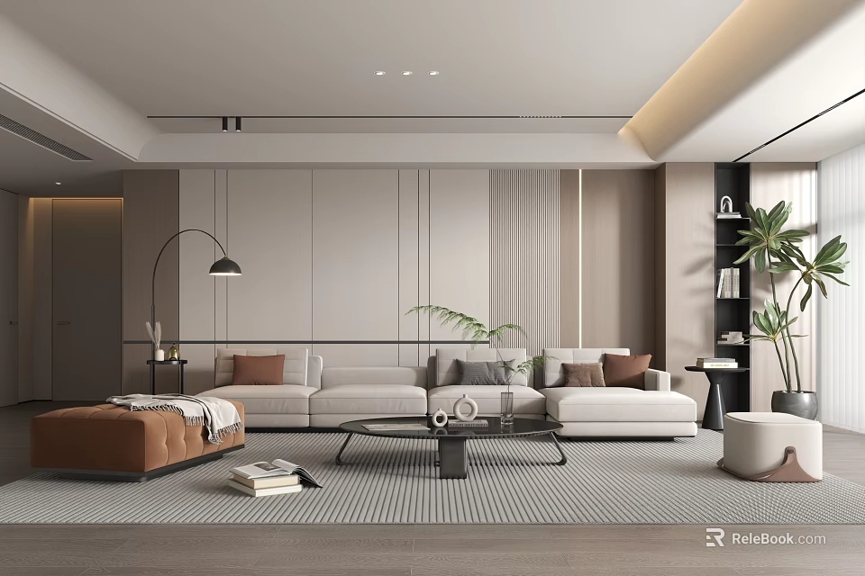 Modern Living Room Interior Design With Sectional Sofa Coffee Table And Floor Lamp 3d model 