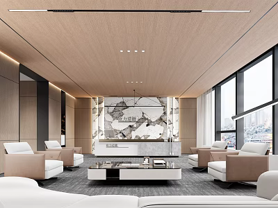 Modern Front Desk Reception Area With Wooden Ceiling Sofas Decorative Wall And Large Windows 3d model