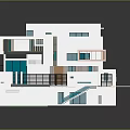Modern Single Family House With Multi Level Structure Glass Windows Blue Accents And Terrace