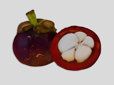 Fresh Ripe Mangosteen Fruit With Whole And Halved Sections Showing White Flesh 3d model