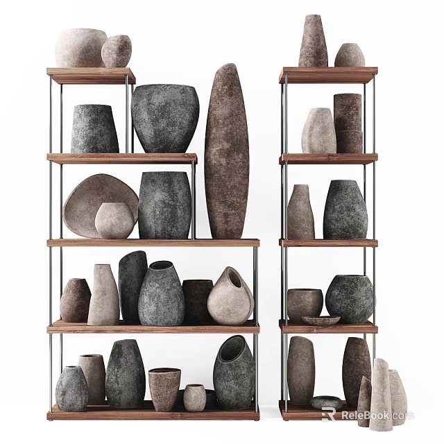 Gray and Brown Ceramic Vessels Arranged on Wooden Shelves with Various Shapes 3d model 