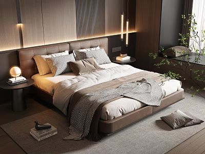 Modern Bedroom Interior With Cozy Bedding Nightstand Lamp And Green Plants 3d model