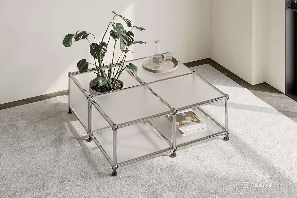 Modern Coffee Table With Transparent Glass Top Chrome Frame Green Plant Tray And Books 3d model 
