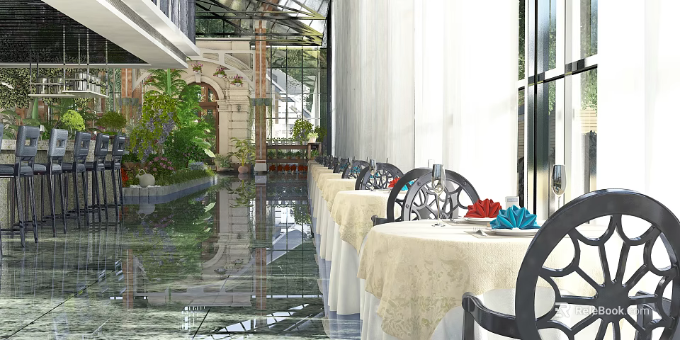 Elegant Restaurant Interior With Glass Roof Indoor Plants Black Chairs And White Tablecloths 3d model 