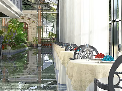 Elegant Restaurant Interior With Glass Roof Indoor Plants Black Chairs And White Tablecloths 3d model