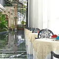 Elegant Restaurant Interior With Glass Roof Indoor Plants Black Chairs And White Tablecloths