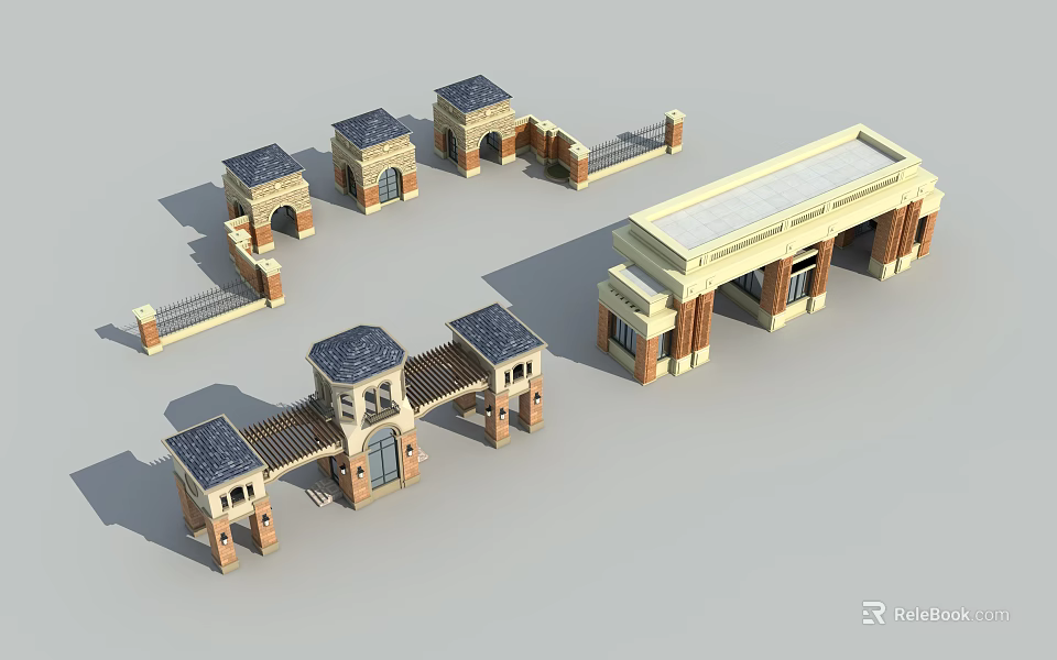 Traditional Entry Gate Designs With Brick Arches And Stone Roof Structures 3d model