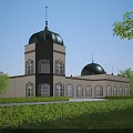 European Architecture Featuring Green Domes White Walls Large Windows Trees And Lawn Under Blue Sky