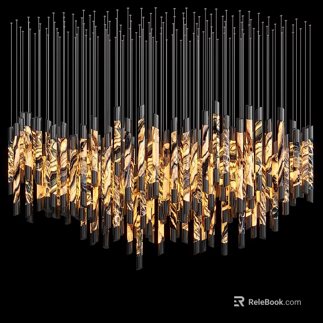 Modern Artistic Chandelier With Slender Vertical Metal Frames And Warm Yellow Lighting 3d model 