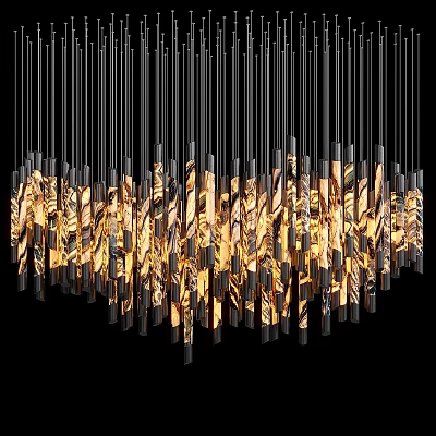 Modern Artistic Chandelier With Slender Vertical Metal Frames And Warm Yellow Lighting 3d model