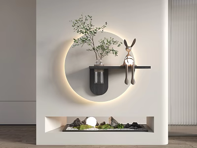 Rabbit Ornament On Black Shelf With Circular Glowing Ring Small Plant And White Wall Decor 3d model