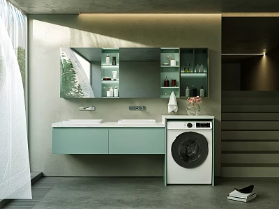 Modern Bathroom Washbasin with Double Sinks Large Mirror Shelves and Washing Machine in Sleek Design 3d model