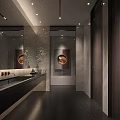 Modern Public Restroom Interior With Marble Walls Mirrors Sink Counter And Green Plant