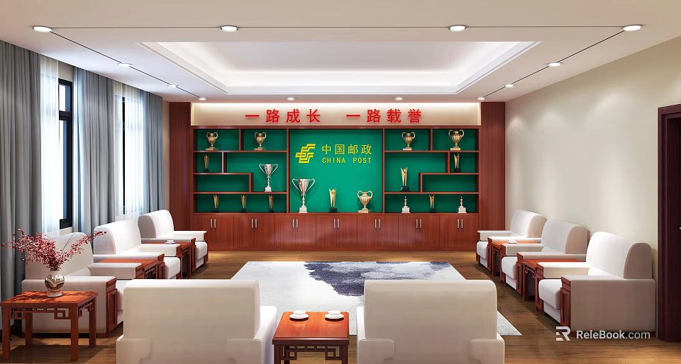 Hotel Public Lounge Area With Green Walls Trophy Display Shelves White Sofas And Wooden Tables 3d model 