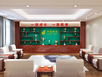 Hotel Public Lounge Area With Green Walls Trophy Display Shelves White Sofas And Wooden Tables 3d model