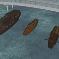 Traditional Wooden Boats Floating On Calm Blue Water Near Concrete Bridge