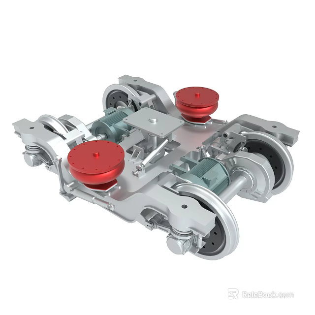 Mechanical Train Bogie Component With Metal Frame Red Circular Parts And Wheels 3d model 