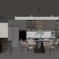 Modern Restaurant Interior Design With Open Kitchen Dining Table Chairs Pendant Lights And Cabinets 3d model