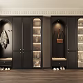 Elegant Modern Shoe Cabinet Featuring Hanging Area Storage Bench And Glass Doors