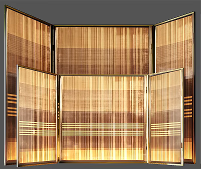 Elegant Natural Bamboo Folding Screen With Golden Frame And Striped Pattern For Home Decor 3d model