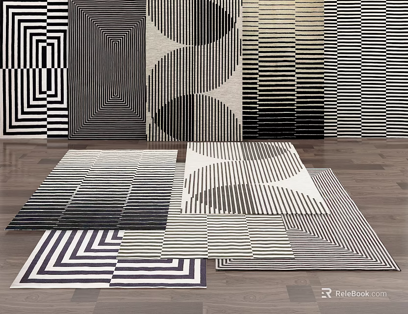 Collection of Square Rugs with Black and White Modern Geometric Patterns 3d model 