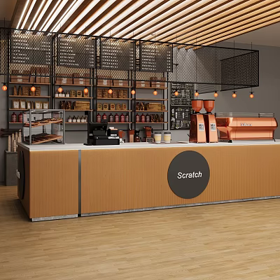 Modern Scratch Café Interior With Wooden Counter Coffee Machines And Shelves 3d model