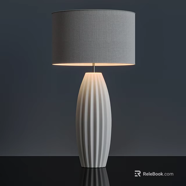 Modern White Ceramic Vertical Striped Table Lamp With Gray Fabric Lampshade Illuminated 3d model 