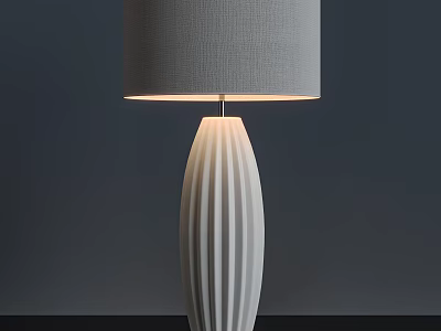 Modern White Ceramic Vertical Striped Table Lamp With Gray Fabric Lampshade Illuminated 3d model
