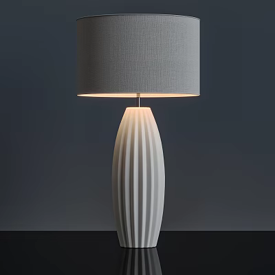 Modern White Ceramic Vertical Striped Table Lamp With Gray Fabric Lampshade Illuminated 3d model