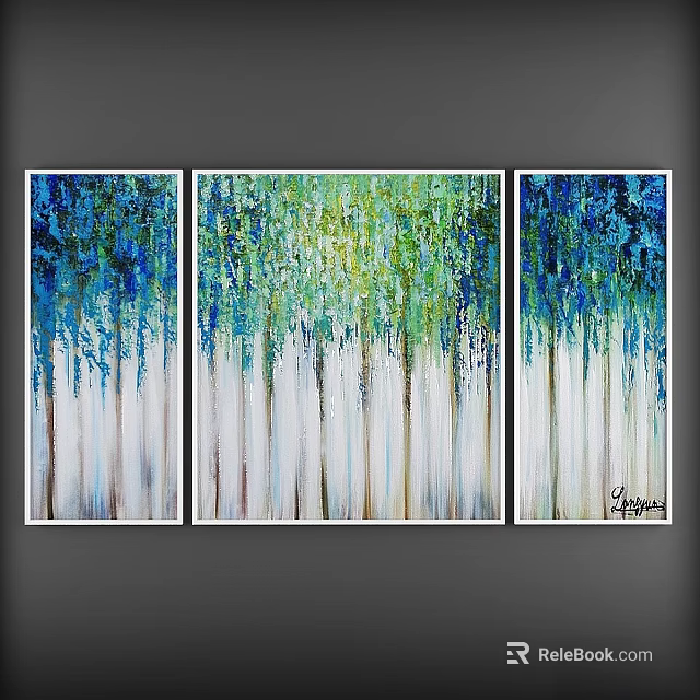Three Panel Framed Paintings With Blue Green Tree Design For Modern Wall Decor 3d model