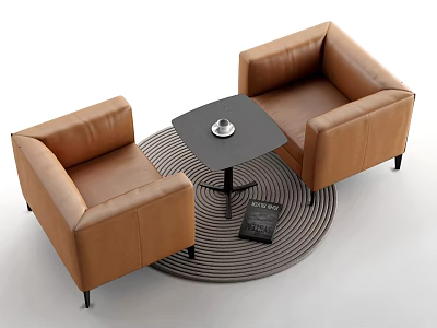Stylish Brown Leather Armchairs With Black Coffee Table On Round Striped Rug For Living Room 3d model